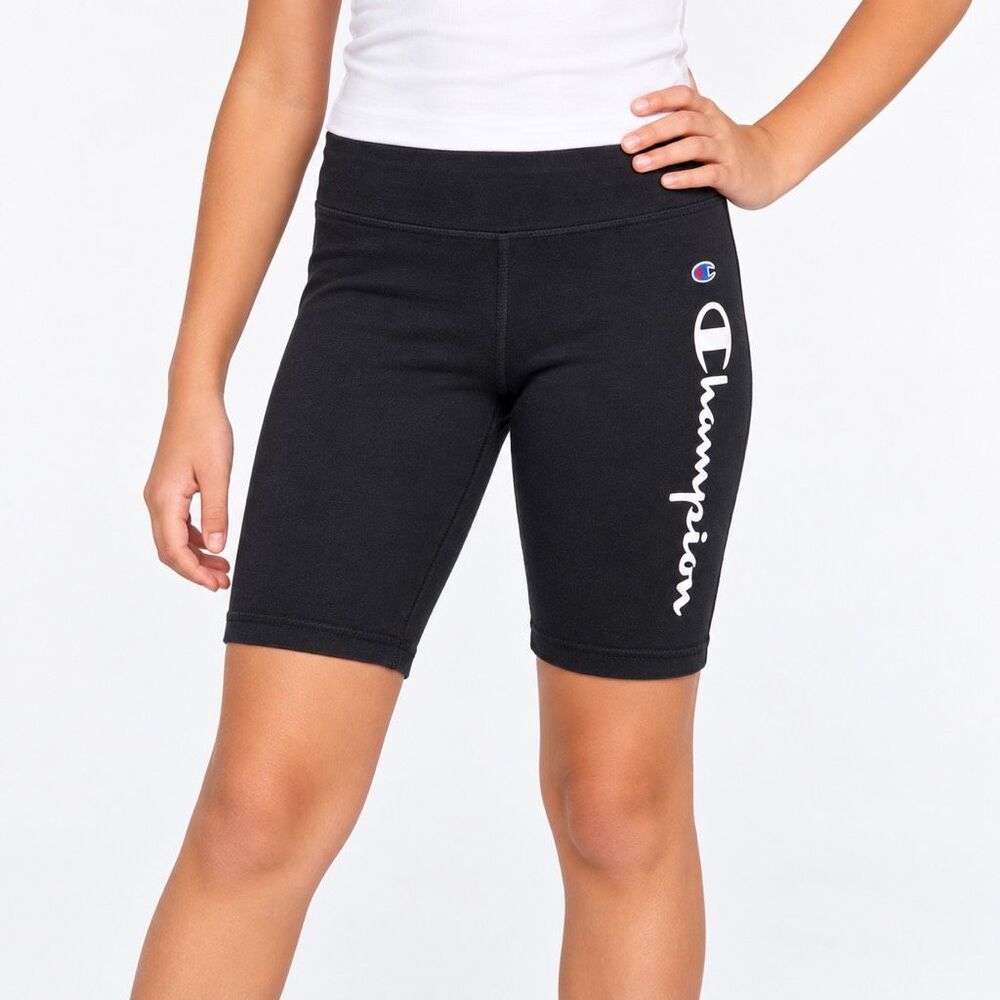 Champion Girls Black Logo Biker Shorts Cotton Spandex Size Medium